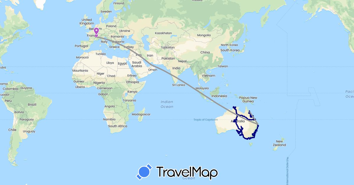 TravelMap itinerary: driving, plane, train, tram in United Arab Emirates, Australia, France (Asia, Europe, Oceania)